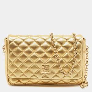 Pre Owned CH Carolina Herrera Gold Quilted Leather Chain Flap Shoulder Bag
