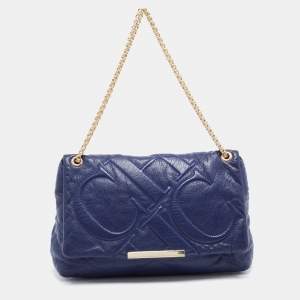 Carolina Herrera Blue Logo Embossed Leather Metal Flap Shoulder Bag