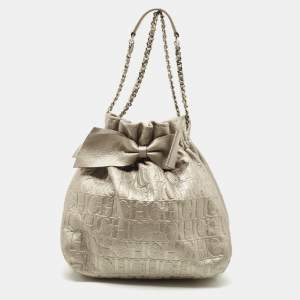 Pre Owned CH Carolina Herrera Silver Embossed Leather Bow Bucket Bag