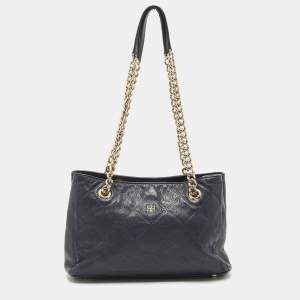 Pre Owned CH Carolina Herrera Navy Blue Diamond Embossed Leather Chain Shoulder Bag