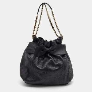 Pre Owned CH Carolina Herrera Black Embossed Leather Bow Bucket Shoulder Bag 
