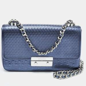Pre Owned CH Carolina Herrera Metallic Navy Blue Monogram Embossed Leather Shoulder Bag