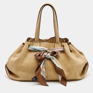 Pre Owned CH Carolina Herrera Beige Monogram Embossed Leather Scarf Tote