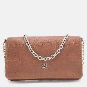 Pre Owned CH Carolina Herrera Brown Leather Chain Flap Shoulder Bag