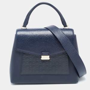 Carolina Herrera Navy Blue Monogram Leather Pushlock Top Handle Bag