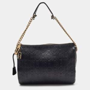 Pre Owned CH Carolina Herrera Black Monogram Leather Shoulder Bag