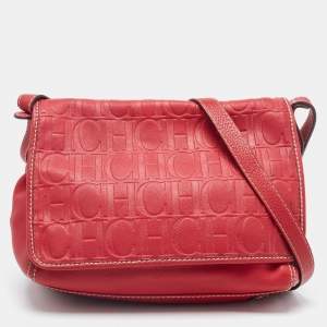 Carolina Herrera Red Monogram Embossed Leather Flap Shoulder Bag