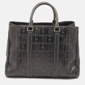 Pre Owned CH Carolina Herrera Black Monogram Embossed Leather Matteo Tote