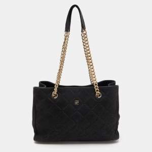 Pre Owned Carolina Herrera Black Quilted Logo Embossed Nubucke Leather Chain Tote