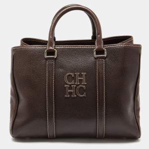 Pre Owned CH Carolina Herrera Brown Grained Leather Matteo Tote