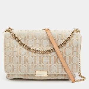 Pre Owned CH Carolina Herrera Beige Monogram Canvas and Suede Flap Shoulder Bag