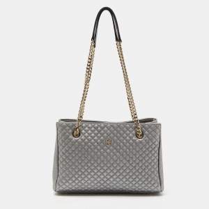Pre Owned CH Carolina Herrera Metallic Silver Micro Quilted Leather Chain Tote