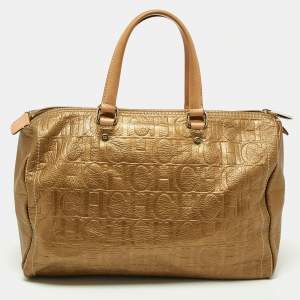 CH Carolina Herrera Metallic Gold Monogram Leather Large Andy Boston Bag