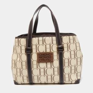 Pre Owned CH Carolina Herrera Beige/Brown Monogram Coated Canvas and Leather Tote