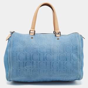 CH Carolina Herrera Blue Monogram Leather Andy Boston Bag