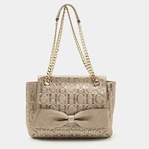 Pre Owned CH Carolina Herrera Pale Gold Monogram Embossed Leather Audrey Shoulder Bag