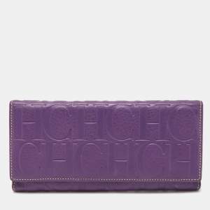 Pre Owned CH Carolina Herrera Purple Monogram Embossed Leather Flap Continental Wallet