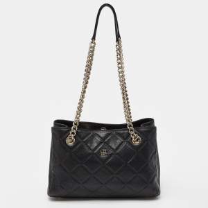 Pre Owned CH Carolina Herrera Black Quilt Patern Leather Chain Tote