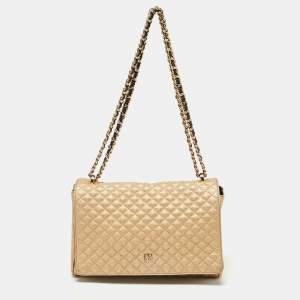 Pre Owned CH Carolina Herrera Gold Quilted Leather Flap Chain Shoulder Bag