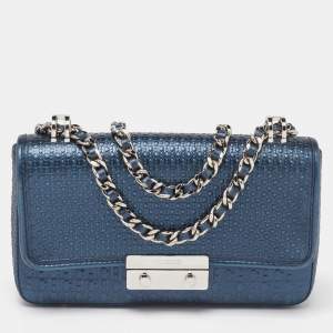 Pre Owned CH Carolina Herrera Metallic Navy Blue Monogram Embossed Leather Shoulder Bag