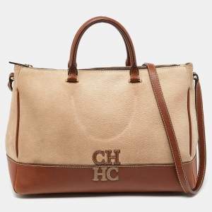 CH Carolina Herrera Beige/Brown Pebbled Leather Satchel