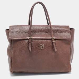 Carolina Herrera Brown Leather Minuetto Flap Top Handle Bag