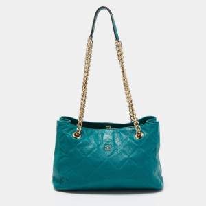 Pre Owned CH Carolina Herrera Green Quilted Embossed Leather Chain Tote