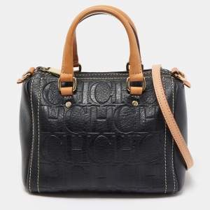 CH Carolina Herrera Black/Tan Monogram Embossed Leather Mini Andy Boston Bag