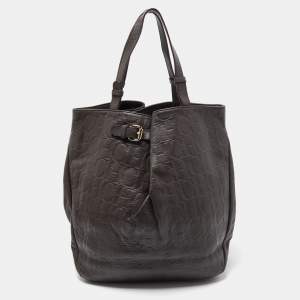 Pre Owned CH Carolina Herrera Dark Grey Monogram Embossed Leather Belt Tote