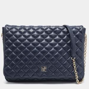 Pre Owned CH Carolina Herrera Dark Blue Quilted Leather Flap Chain Bag