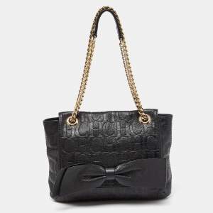 CH Carolina Herrera Black Monogram Embossed Leather Audrey Bow Flap Shoulder Bag
