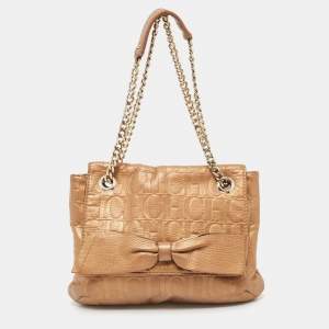 Pre Owned CH Carolina Herrera Bronze Monogram Embossed Leather Audrey Shoulder Bag