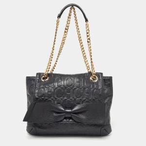 Pre Owned CH Carolina Herrera Black Monogram Embossed Leather Audrey Flap Shoulder Bag