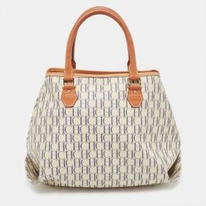 Pre Owned CH Carolina Herrera Off White/Blue Signature Coated Canvas and Leather Tote