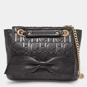Pre Owned CH Carolina Herrera Black Monogram Embossed Leather Audrey Bow Flap Shoulder Bag