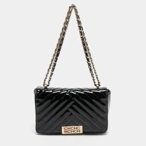 Pre Owned CH Carolina Herrera Black Quilted Patent Leather Flap Shoulder Bag