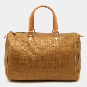 CH Carolina Herrera Metallic Bronze Monogram Leather Large Andy Boston Bag