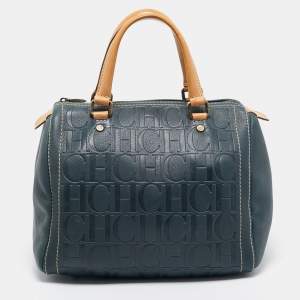 CH Carolina Herrera Dark Blue Monogram Embossed Leather Andy Boston Bag