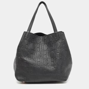 Pre Owned CH Carolina Herrera Black Monogram Leather Medium Matryoshka Tote