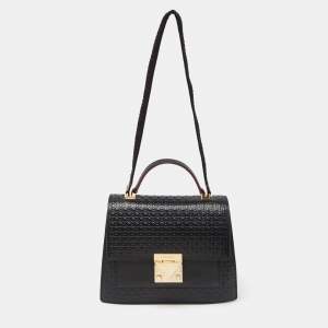 CH Carolina Herrera Black Embossed Logo Leather Flap Top Handle Bag