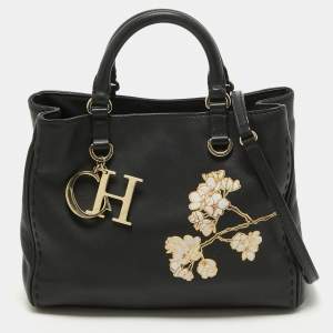 Pre Owned CH Carolina Herrera Black Leather Charm Tote