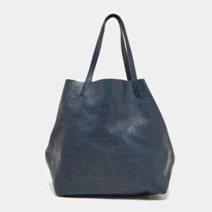 Pre Owned CH Carolina Herrera Blue Monogram Embossed Leather Matryoshka Tote