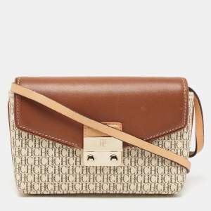 Pre Owned CH Carolina Herrera Brown/Off White Monogram Coated Canvas and Leather Crossbody Bag