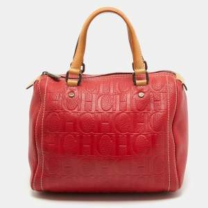 CH Carolina Herrera Red Monogram Embossed Leather Andy Boston Bag