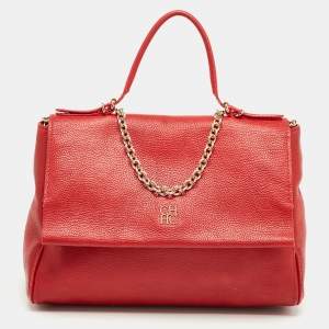 CH Carolina Herrera Red Leather Minuetto Flap Top Handle Bag