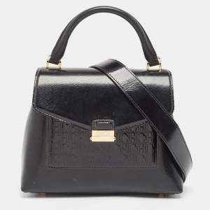 CH Carolina Herrera Black Monogram Embossed Patent Leather Push Lock Flap Top Handle Bag