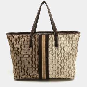 Pre Owned CH Carolina Herrera Dark Brown/Two Tone Beige Monogram Canvas Shopper Tote