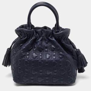 Pre Owned CH Carolina Herrera Blue Monogram Embossed Leather String Bucket Bag