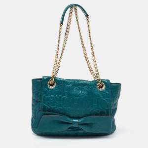 CH Carolina Herrera Green Monogram Embossed Leather Bow Shoulder Bag