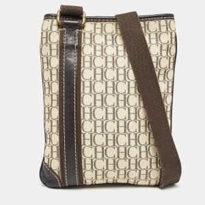 CH Carolina Herrera Dark Brown/Light Beige Monogram Canvas Small Messenger Bag